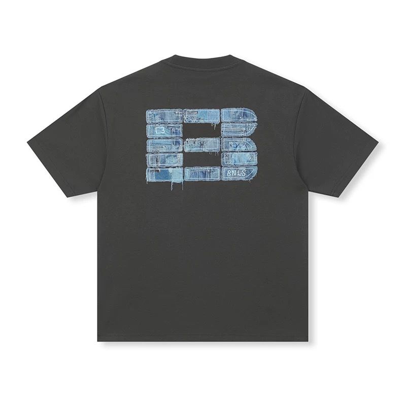 BONELESS DENIM LIKE PATCH PRINT TEE BLACK