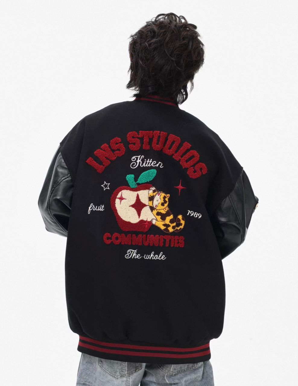 INS STUDIOS EMBROIDERED APPLE BASEBALL JACKET