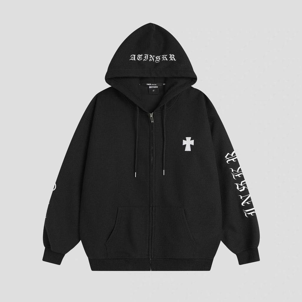INS STUDIOS WAFFLE KNIT HOODED ZIP BLACK