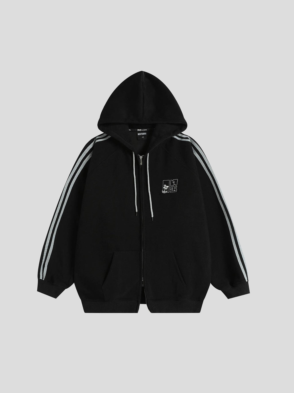 INS STUDIOS EMBROIDERED STIPED HOODED BLACK