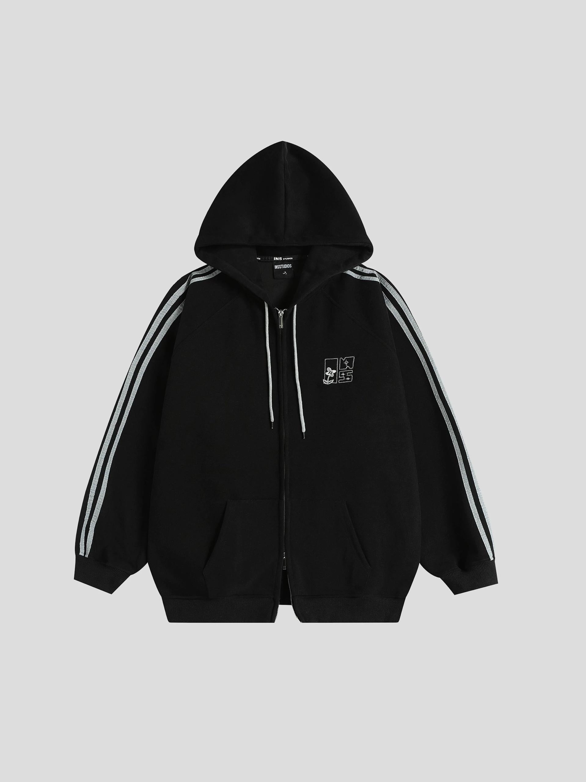 INS STUDIOS EMBROIDERED STIPED HOODED BLACK