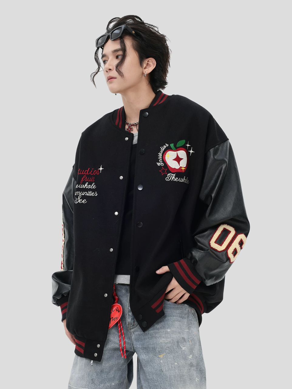 INS STUDIOS EMBROIDERED APPLE BASEBALL JACKET