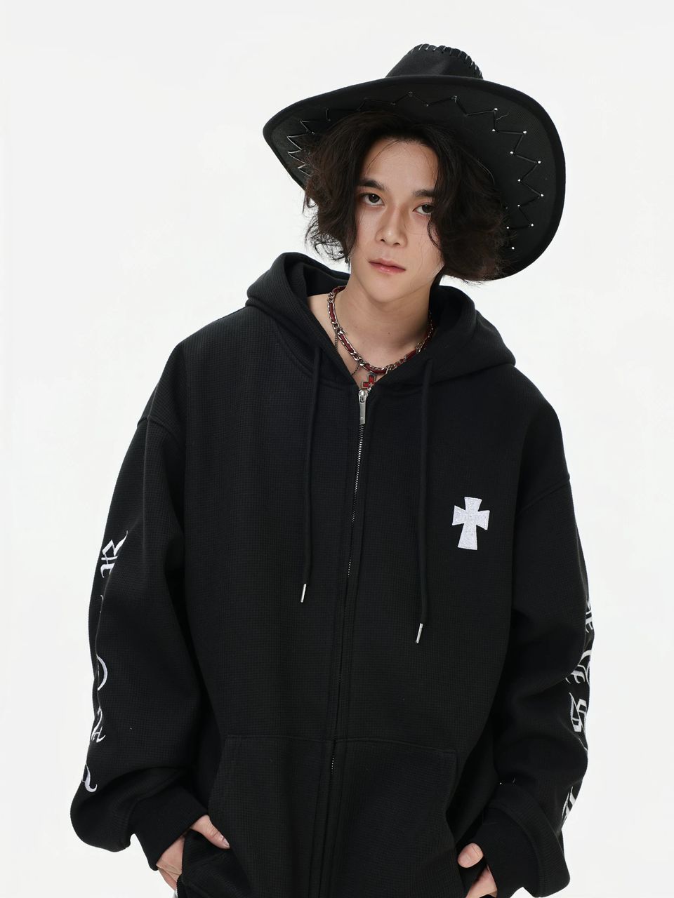 INS STUDIOS WAFFLE KNIT HOODED ZIP BLACK