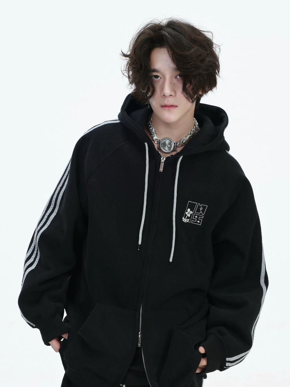 INS STUDIOS EMBROIDERED STIPED HOODED BLACK