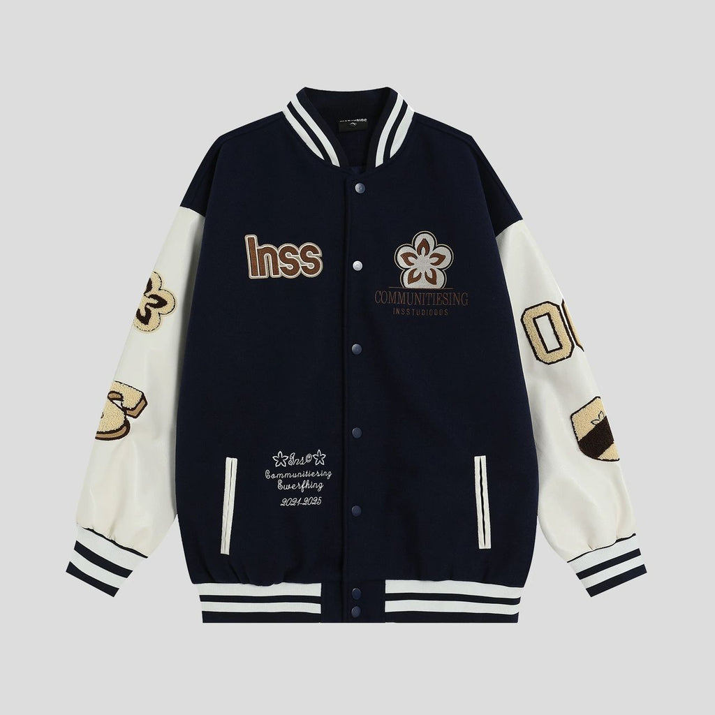 INS STUDIOS FLOCKED EMBROIDERED BASEBALL JACKET