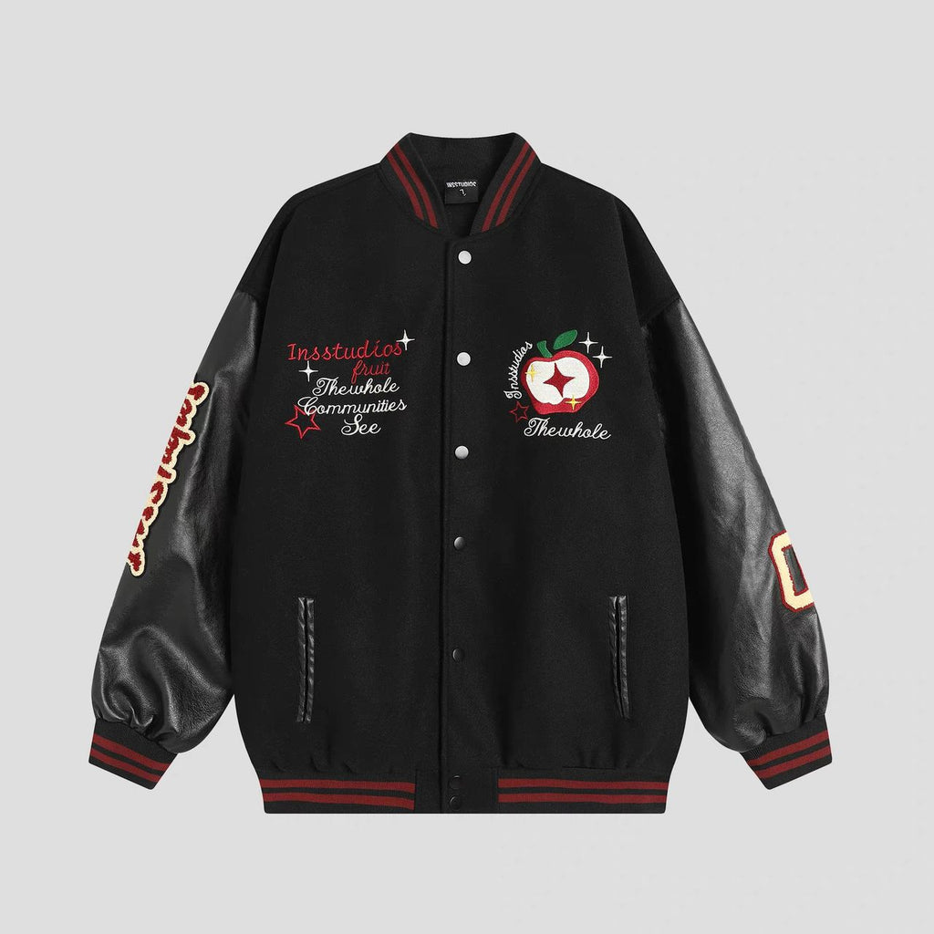 INS STUDIOS EMBROIDERED APPLE BASEBALL JACKET