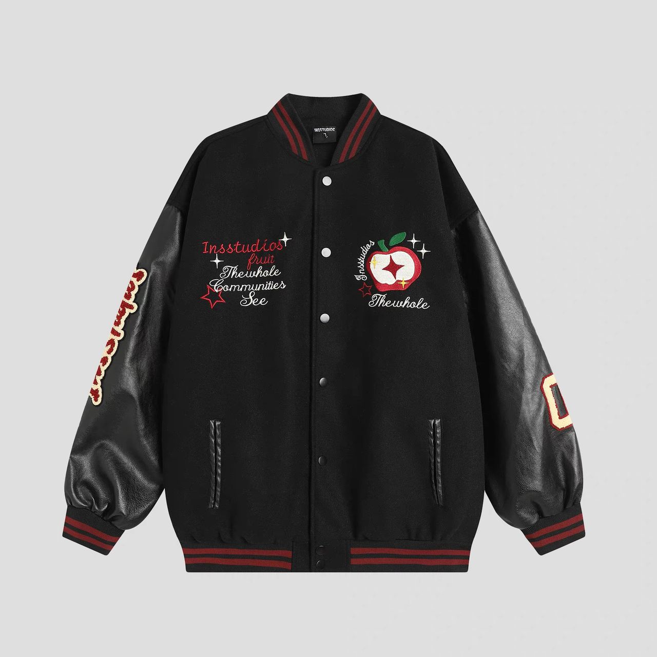 INS STUDIOS EMBROIDERED APPLE BASEBALL JACKET