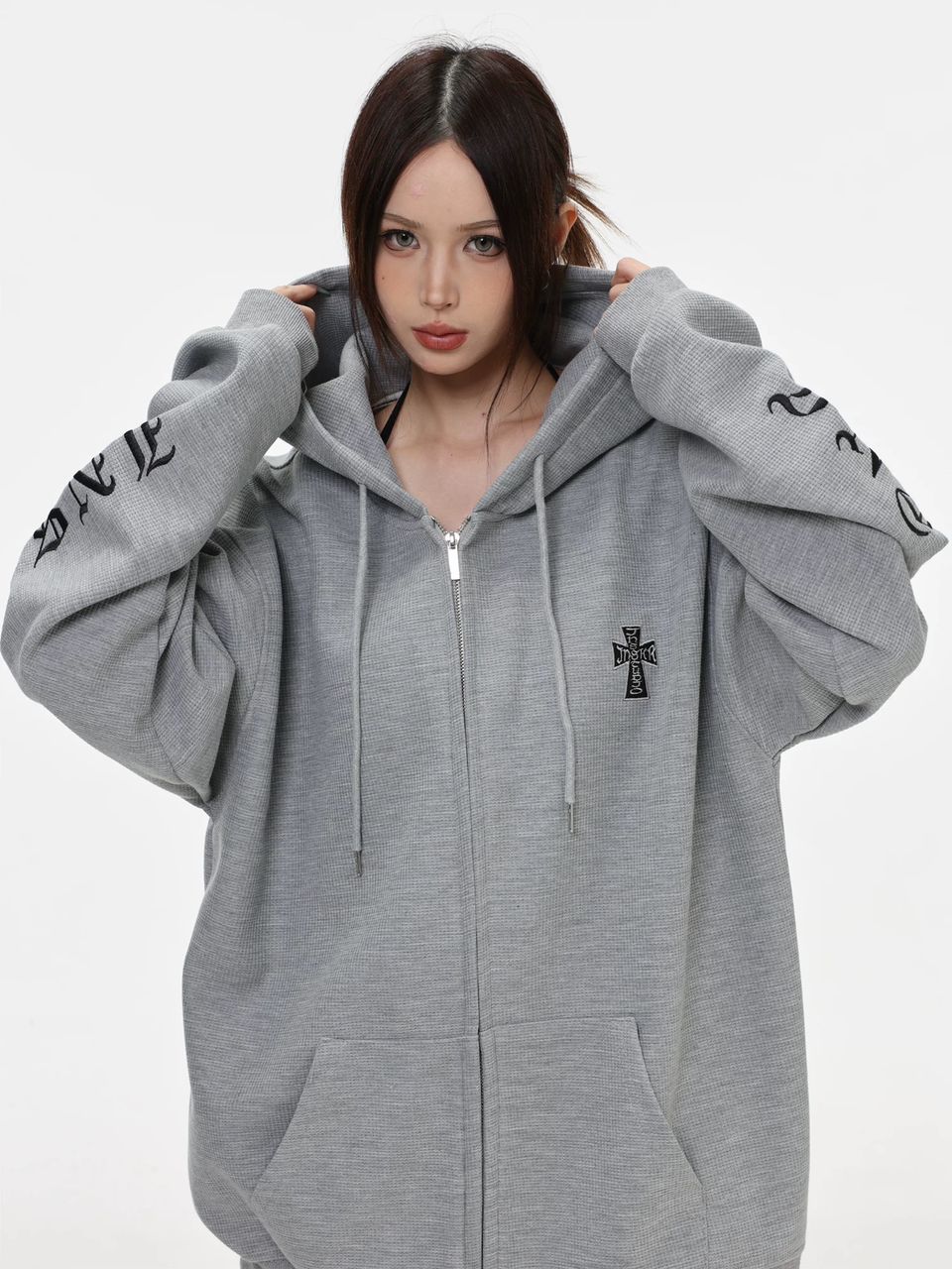 INS STUDIOS WAFFLE KNIT HOODED ZIP GREY