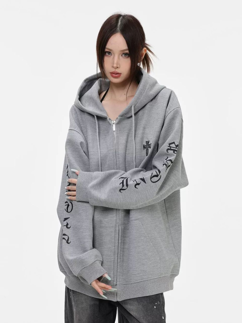 INS STUDIOS WAFFLE KNIT HOODED ZIP GREY