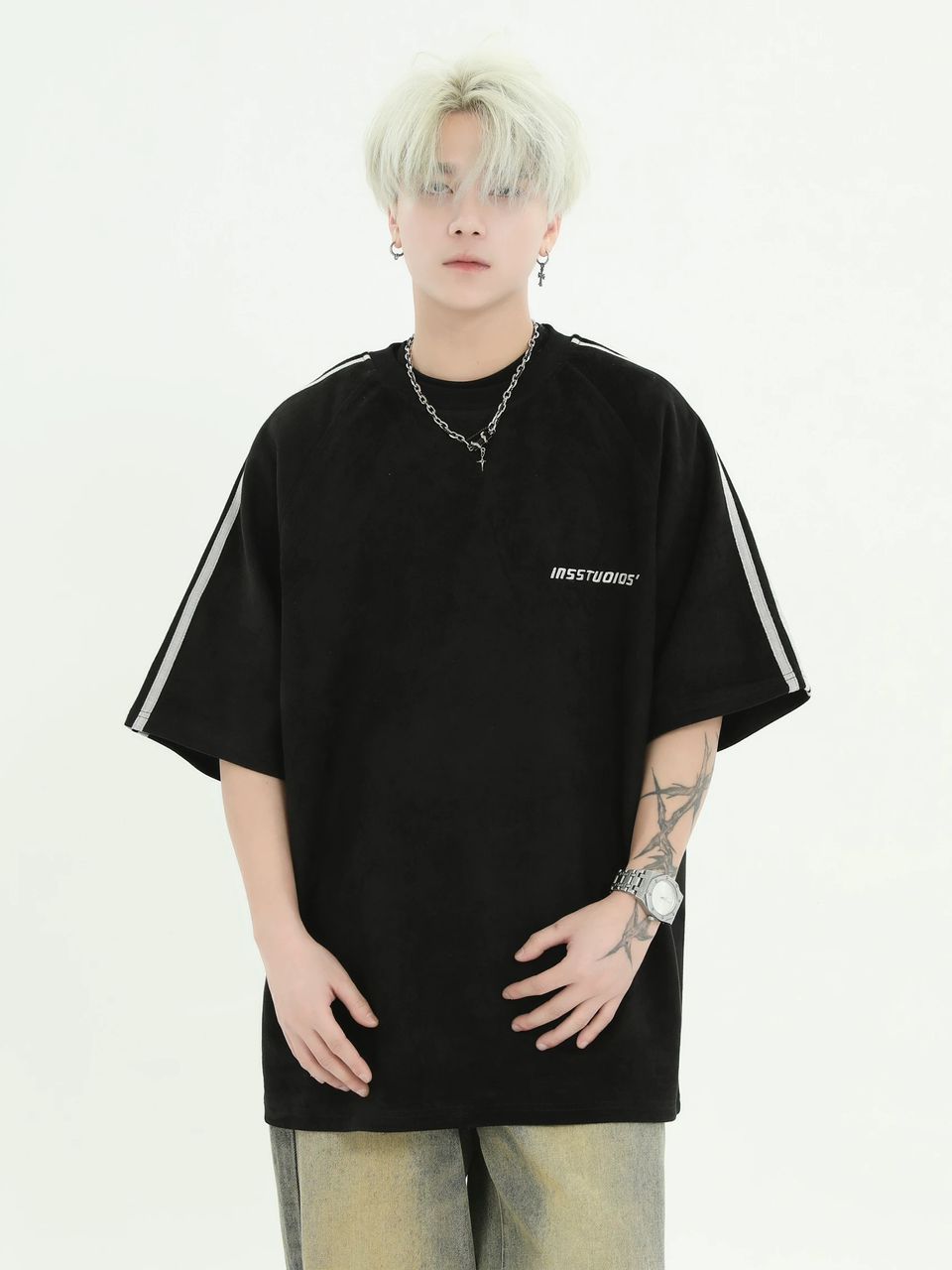 INS STUDIOS THREE STRIPE ROUND NECK TEE BLACK
